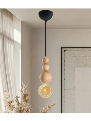 Braventa Collection Ahşap Detaylı Modern Bohem Rustik Sarkıt Avize Şık ve Salon Oturma Odası (Siyah Tekli Boncuk)