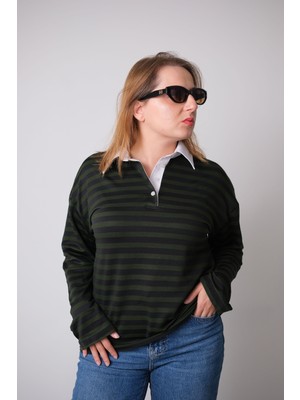 Keymood Oversize Çizgili Yeşil Uzun Kol Kadın Tshirt
