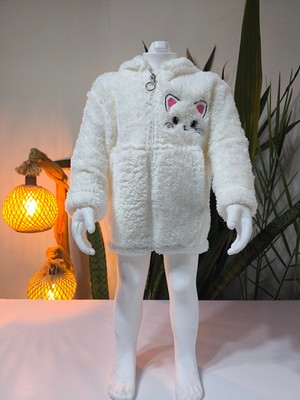 Şimo Butikkız Çocuk Peluş Polar Hırka Kapşonlu Fermuarlı Cepli Pembe Beyaz Siyah Mor Gül Kurusu