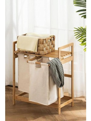 Braventa Collection Digithome Bambu 2 Bölmeli Kirli Sepetli Çamaşır Sepeti Raflı Banyo Düzenleyici DB-0007