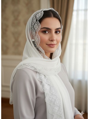 El Işi (Ağır Işçilikle Yapılmış) Iğne Oyalı Mevlit Namaz Başörtüsü 150*70 cm Boyutunda - Beyaz