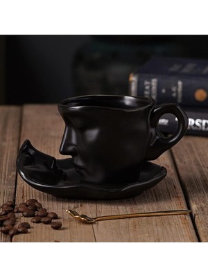 Braventa Collection Arvale Yüz Şeklinde Romantik Kahve Kupaları (2 Li Set) Seramik Fincan Takım (Siyah, 110 Ml)