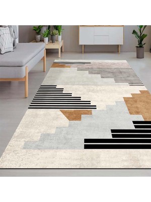 Braventa Collection Latte Dizayn Carie Desenli Pamuk Tabanlı Yıkanabilen Kaydırmaz Antibakteriyel Salon Halısı 200X300