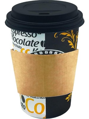Braventa Collection 12 Oz Siyah Kapaklı Tutamaçlı Latte Kahve Kağıt Bardak Sleeve 300 ml - 100'LÜ (Siyah Kapaklı Tutamaç