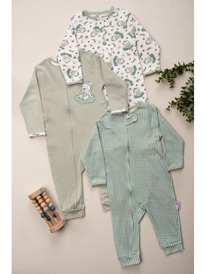 Unisex Bebek Desenli Fermuarlı  3lü Tulum 9-12-18 Ay 3'lü Pamuklu 3 Parça