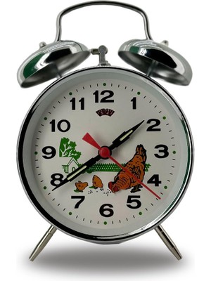 Braventa Collection Kurmalı Çift Çanlı Tavuk ve Çiftlik Desenli Nostalji Masaüstü Saat 11X11X6 cm Ebatlarında Dekoratif