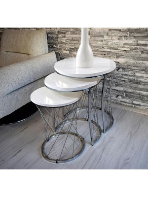 Braventa Collection 3 Lü Hasır Telli Beyaz Suntalam Nikel Metal Ayak Sehpa-Takimi-Zigon-Sehba