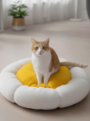Braventa Collection Beylini Kedi Köpek Yatağı Peluş Minderli Konforlu Uyku Alanı Bulut Tasarım 45X45 (Beyaz-Turuncu)