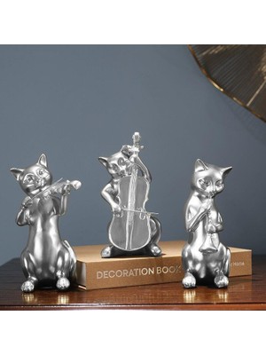 Braventa Collection Sume Dekoratif Üçlü Müzisyen Kedi Biblo Masa Süsü Ev Dekor Gümüş