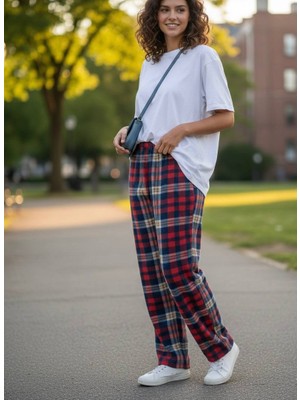 Havva Home Erkek Kadın (Unisex) Ekose Desenli Kareli Polar Pantolon Çift Kombini ve Hediye Için Uygun (Tek Alt)