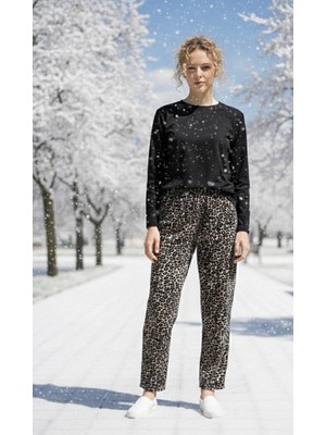 Havva Home Erkek Kadın (Unisex) Leopar Desenli Kareli Polar Pantolon Çift Kombini ve Hediye Için Uygun (Tek Alt)