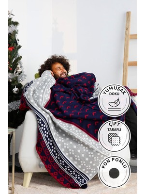 Braventa Collection Biocotton Triko Ponponlu Örgü Tv Battaniyesi (Lacivert)