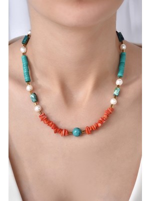 Mordays Silver Turkuaz, Mercan, Inci ve Hematit Taşlı El Yapımı Doğal Taş Tasarım Kolye – Gümüş Klipsli