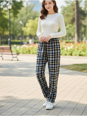 Havva Home Erkek Kadın (Unisex) Ekose Desenli Kareli Polar Pantolon Çift Kombini ve Hediye Için Uygun (Tek Alt)