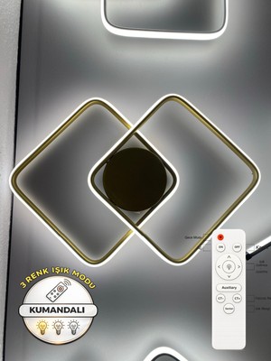 Zeya Lighting Yüksek Aydınlatmalı Kumandalı 2li Kare Gold Tavan Plafonyer LED Avize, 3 Renk Aydınlatma