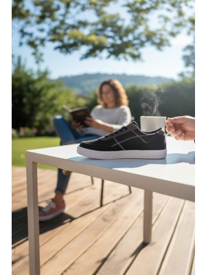 Enoch Erkek ve Kadın Spor Ayakkabı Tam Ortopedik Tabanlı Siyah Beyaz Dikişli Şık Sneaker