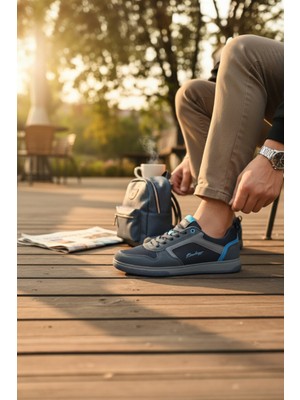 Enoch Erkek Spor ve Yürüyüş Ayakkabısı Tam Ortopedik Tabanlı Antrasit Mavi Detaylı Şık Model