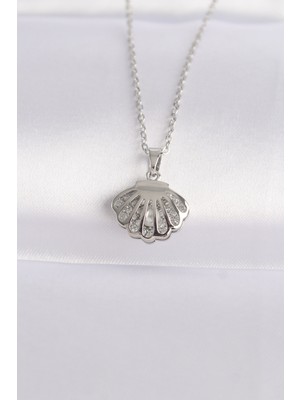 Pazarcan 316L Çelik Zincir Gümüş Renk Zirkon Taşlı Inci Detay Istiridye Kolye