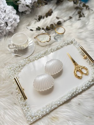 Epoksi Tepsi Dikdörtgen Full Incili Damat + Nişan Tepsisi Seti Gold