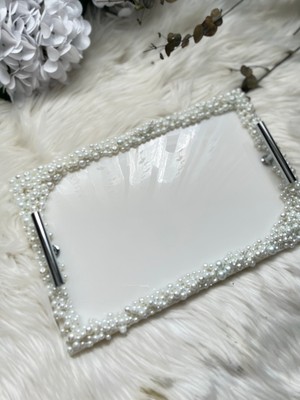 Epoksi Tepsi Dikdörtgen Full Incili Nişan Tepsisi Gümüş