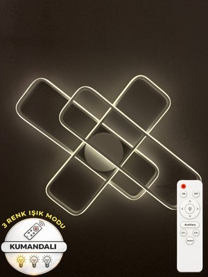 Zeya Lighting Yüksek Aydınlatmalı Kumadanlı Dikdörtgen Beyaz Tavan Plafonyer LED Avize, 3 Renk Aydınlatma