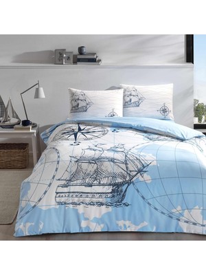 Hype Store Taç Ocean Ranforce Marin DESENLI%100 Pamuk Nevresim Takımı, Turkuaz, Çift Kişilik