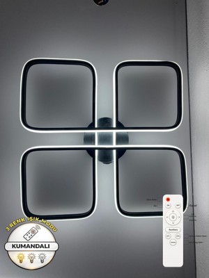 Zeya Lighting Yüksek Aydınlatmalı Kumandalı 4lü Kare Siyah Tavan Plafonyer LED Avize, 3 Renk Aydınlatma