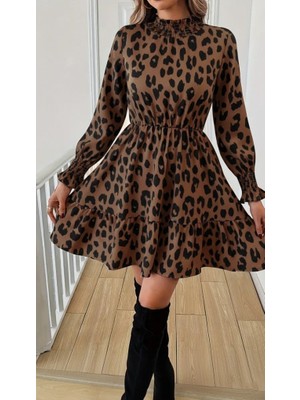 Etiler Collection Kadın Uzun Kollu Yarı Balıkçı Yaka Leopar Desenli Modal Mini Elbise