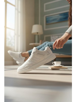 Enoch Erkek ve Kadın Spor Ayakkabı Tam Ortopedik Tabanlı Bembeyaz Dokulu Şık Sneaker