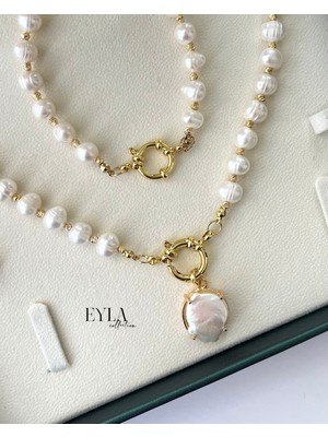 Eyla Collection Gemici Düğümü Kilitli Çeyrek Altın Takılabilir Gerçek Inci Set