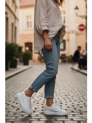 Enoch Erkek ve Kadın Spor Ayakkabı Tam Ortopedik Tabanlı Bembeyaz (Full White) Şık Sneaker