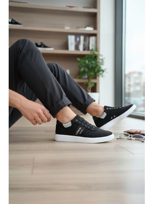 Enoch Erkek Düz Taban Keten Spor ve Günlük Ayakkabı Tam Ortopedik Tabanlı Siyah Beyaz Şık Sneaker