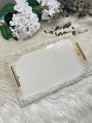 Epoksi Tepsi Dikdörtgen Full Incili Nişan Tepsisi Gold