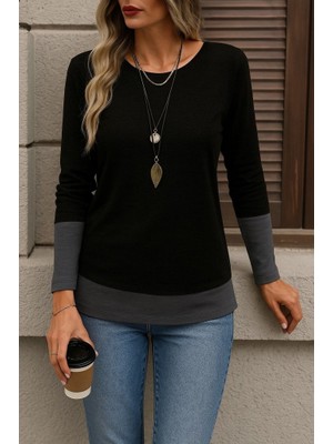 Etiler Collection Kadın Uzun Kollu Açık Yuvarlak Yaka Blok Renkli Viskon Bluz