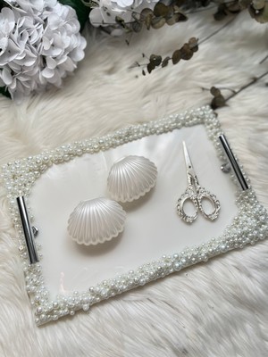 Epoksi Tepsi Dikdörtgen Full Incili Nişan Tepsisi 4 Parça Gümüş