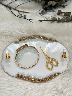 Epoksi Tepsi Nişan Tepsisi Taş+ Incili 3 Parça Gold