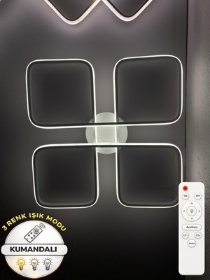 Zeya Lighting Yüksek Aydınlatmalı Kumandalı 4'lü Kare Beyaz Tavan Plafonyer LED Avize, 3 Renk Aydınlatma 4