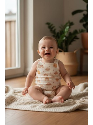 Little Wanderer Overall Premium Organik Pamuk Sıcak Tonlu Bulut Gökkuşağı Desenli Bebek Tulum