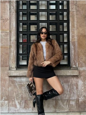 Moda Durağı Yakasız Ithal Premium Kaliteli Kürk Sıcak Kahve