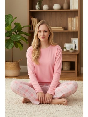 Dofi Kadın Bisiklet Yaka Pembe Ekose Pijama Takımı