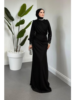 Merven Akyüz Lavrine Boynu ve Kolu Taşlı Tül Abiye Siyah