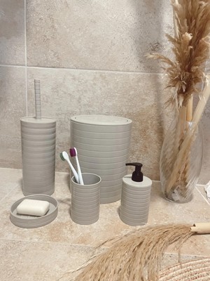 Ne Verelim Size Banyo Seti 5'li Krem Çöp Kovası Wc Fırçalık Sıvı Sabunluk Katı Sabunluk