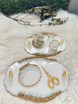 Epoksi Tepsi Nişan Tepsisi Seti Taş + Incili Gold