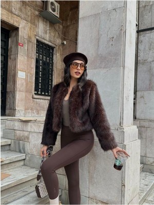 Moda Durağı Yakasız Ithal Premium Kaliteli Kürk Acı Kahve