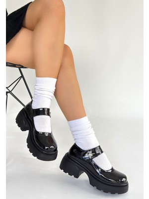 End Black Store Siyat Siyah Rugan Dolgu Topuk Oxford Ayakkabı