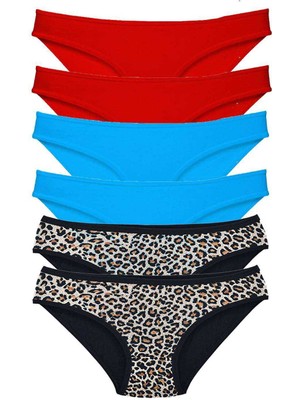Ne Verelim Size 6 Adet Likralı Kadın Slip Külot Leopar Kırmızı Mavi