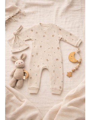 Wild Flower Organik Pamuk Waffle Dokulu Çiçek Desenli Bebek Tulum ve Şapka Seti