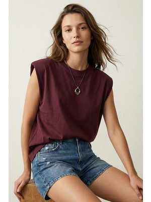 elemge %100 Pamuk Süprem Tok Kumaş Kadın Oversize Bordo T-Shirt Geniş Omuzlu Dökümlü Kolsuz Bol Kalıp Basic Tişört