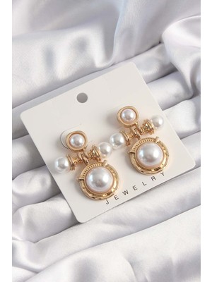 Twin Store Pirinç Gold Renk Inci Taşlı Motifli Küpe
