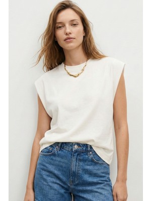 elemge Premium %100 Pamuk Süprem Tok Kumaş Kadın Oversize Ekru T-Shirt Geniş Omuzlu Dökümlü Kolsuz Bol Kalıp Basic Tişört